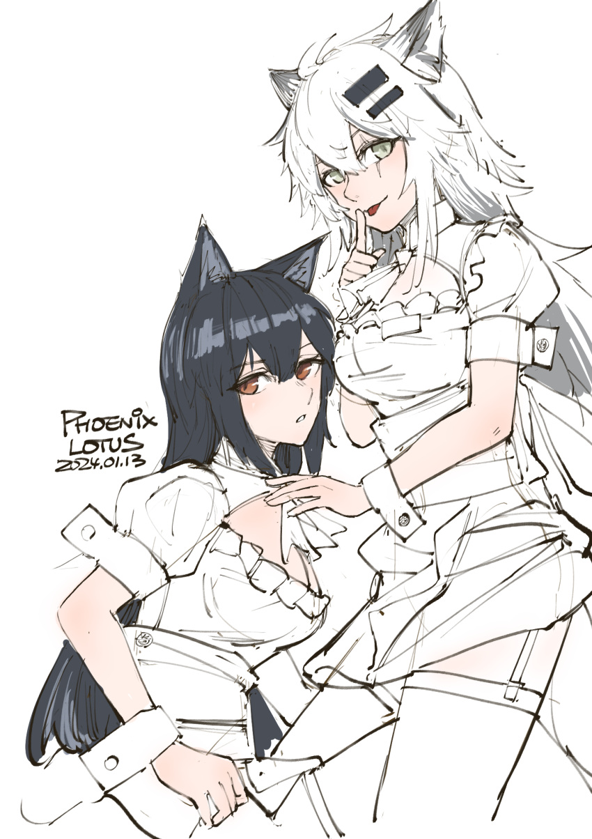 2girls :p alternate_costume animal_ears arknights artist_name black_hair brown_eyes chinese_commentary cleavage_cutout clothing_cutout commentary_request dated dated_commentary dress expressionless frilled_dress frills grey_eyes hair_between_eyes hair_ornament hairclip hand_to_own_mouth hand_up highres index_finger_raised lappland_(arknights) long_hair looking_at_viewer multiple_girls parted_lips partially_colored phoenixlotus puffy_short_sleeves puffy_sleeves scar scar_across_eye scar_on_face short_dress short_sleeves signature simple_background sketch smile texas_(arknights) thighhighs tongue tongue_out white_background white_dress white_hair white_thighhighs wolf_ears wolf_girl wrist_cuffs