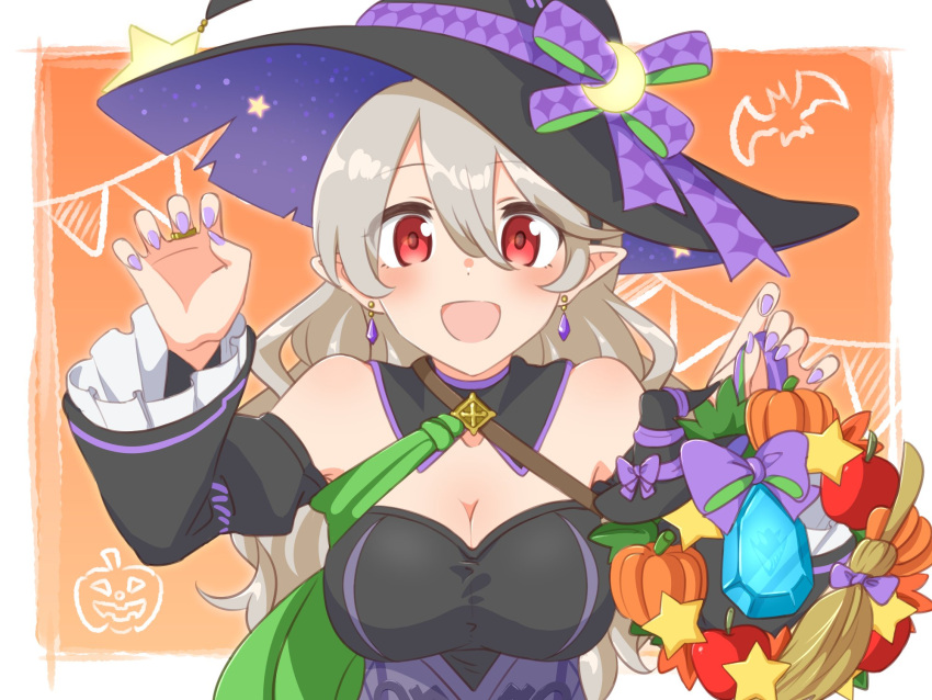 1girl breasts candy_corn corrin_(female)_(fire_emblem) corrin_(female)_(halloween)_(fire_emblem) corrin_(fire_emblem) crescent crescent_hat_ornament crossed_belts dress drop_earrings earrings fingernails fire_emblem fire_emblem_fates fire_emblem_heroes green_sash halloween halloween_costume hat hat_ornament highres ikonaska jewelry lantern large_breasts long_fingernails off-shoulder_dress off_shoulder official_alternate_costume pointy_ears purple_nails sash solo witch witch_hat