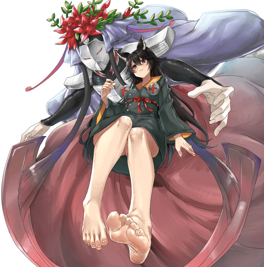 1girl animal_ear_fluff animal_ears bare_legs barefoot black_hair bolt cosplay death_(granblue_fantasy) delilah_(guilty_gear) delilah_(guilty_gear)_(cosplay) dress eiji_(eiji) erune feet flower foot_focus foreshortening full_body granblue_fantasy granblue_fantasy_versus:_rising guilty_gear guilty_gear_strive hair_between_eyes highres looking_at_viewer nier_(granblue_fantasy) red_eyes red_ribbon ribbon simple_background solo white_background wide_sleeves wolf_ears