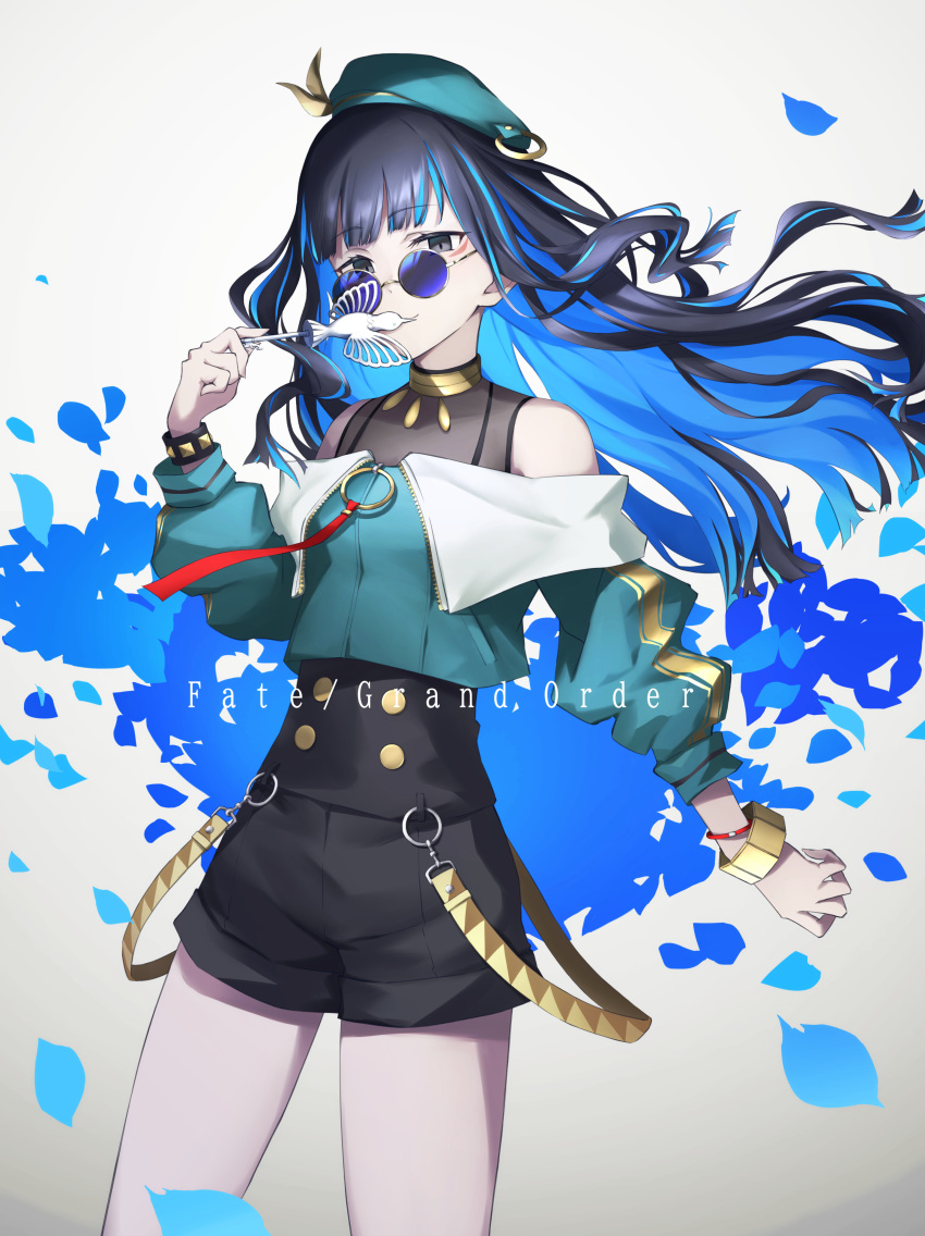1girl absurdres bare_shoulders beret black_hair black_shorts blue_hair bracelet breasts buttons colored_inner_hair copyright_name double-breasted eyeliner fate/grand_order fate_(series) green_headwear green_jacket grey_eyes hat highres jacket jewelry key long_hair long_sleeves looking_at_viewer looking_over_eyewear makeup multicolored_hair neck_ring o-ring off_shoulder petals purple-tinted_eyewear revision round_eyewear shorts sidelocks small_breasts smile solo sunglasses tenochtitlan_(fate) tenochtitlan_(second_ascension)_(fate) thighs tinted_eyewear wavy_hair yuniyuni zipper