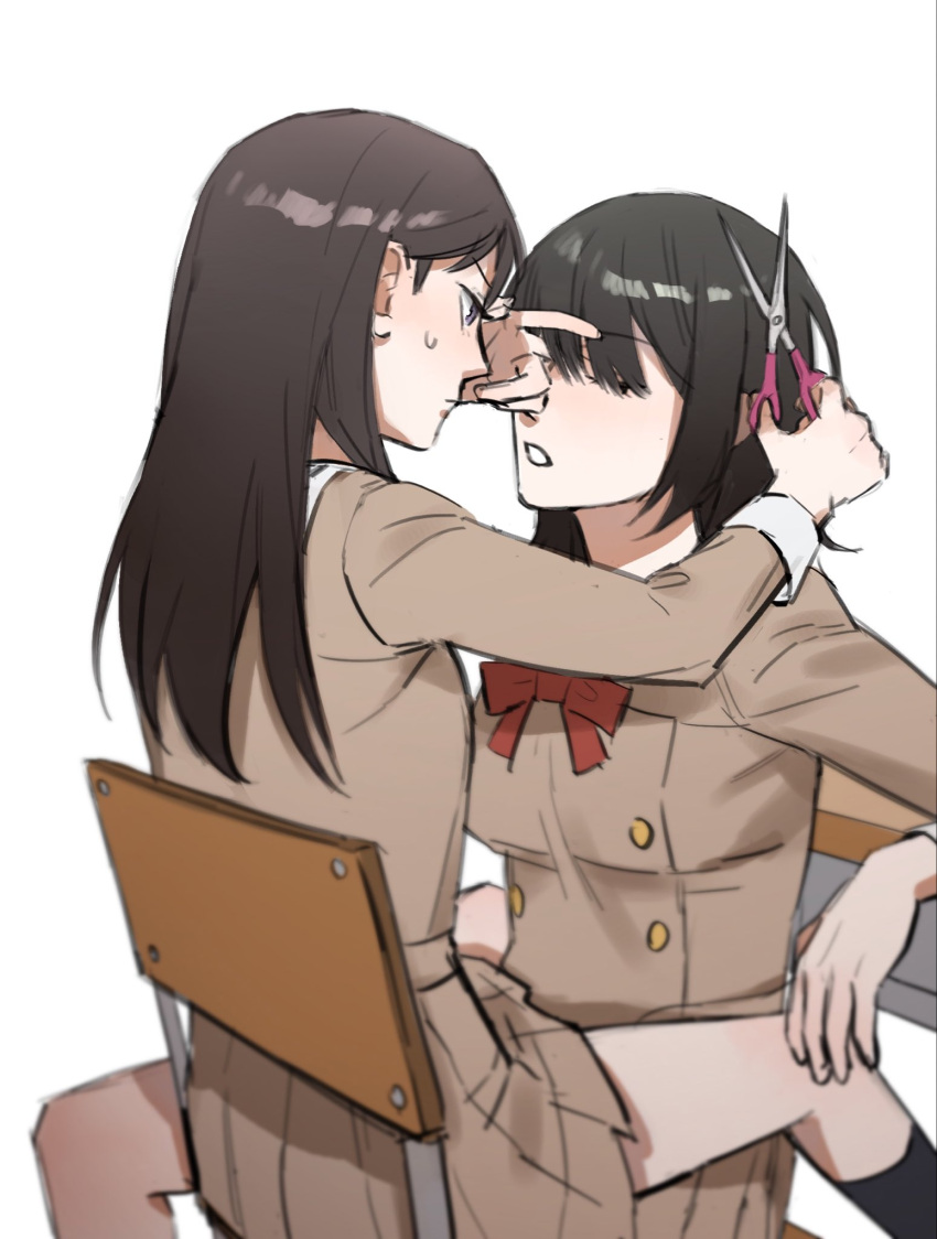2girls bang_dream! bang_dream!_it's_mygo!!!!! black_hair black_socks bow bowtie breasts brown_dress chair closed_eyes closed_mouth commentary_request cutting_hair desk dress hanasakigawa_school_uniform highres holding holding_scissors kneehighs korean_commentary long_hair long_sleeves looking_at_another medium_breasts multiple_girls nohee07 open_mouth purple_eyes red_bow red_bowtie sailor_collar sailor_dress school_chair school_desk school_uniform scissors shiina_taki simple_background socks straddling sweatdrop white_background white_sailor_collar yahata_umiri yuri