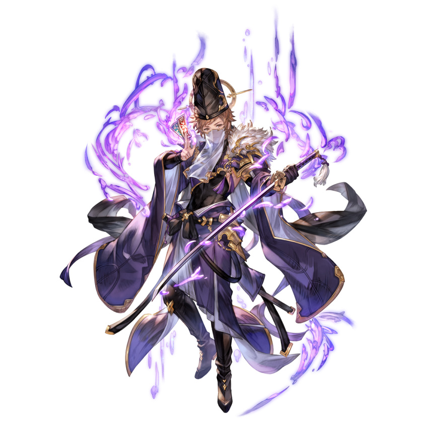 1boy between_fingers boots brown_eyes brown_hair full_body gloves gran_(granblue_fantasy) granblue_fantasy hat holding holding_sword holding_weapon katana official_alternate_costume official_art ofuda ofuda_between_fingers onmyouji purple_robe robe sheath solo sword tassel third-party_source transparent_background veil weapon