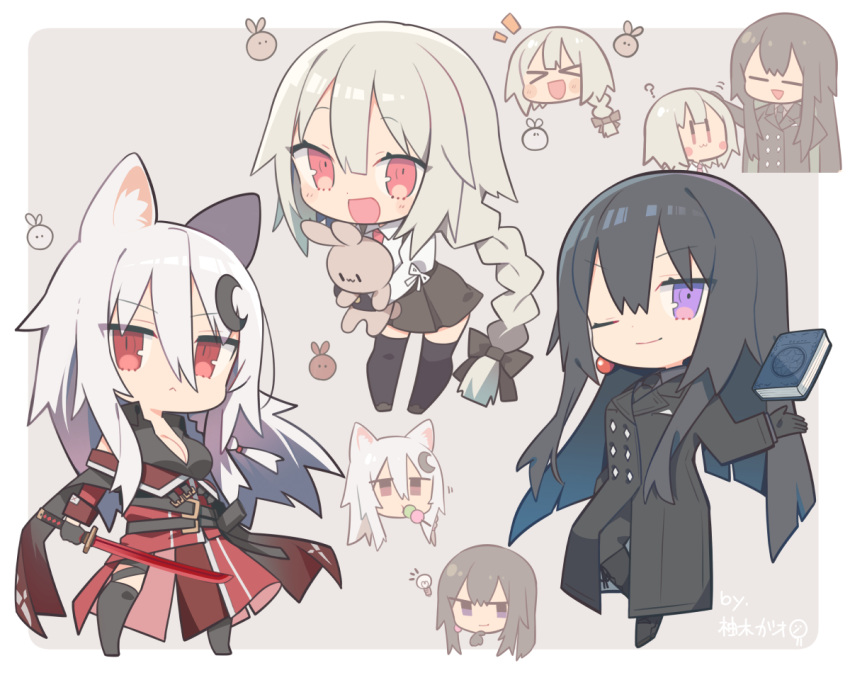 &gt;_&lt; 3girls :3 :d ? animal_ear_fluff animal_ears black_bow black_coat black_footwear black_gloves black_hair black_necktie black_pants black_thighhighs blush_stickers book boots bow braid breasts chibi chibi_inset cleavage closed_eyes closed_mouth coat commission copyright_request cross-laced_footwear dango eating food gloves grey_background grey_hair hair_between_eyes hair_bow headpat holding holding_sword holding_weapon hugging_object katana knee_boots lace-up_boots light_bulb long_hair medium_breasts multiple_girls multiple_views necktie over-kneehighs pants purple_eyes red_eyes sanshoku_dango single_braid skeb_commission smile stuffed_animal stuffed_rabbit stuffed_toy sword thighhighs two-tone_background very_long_hair wagashi weapon white_background xd yuzuki_gao |_|