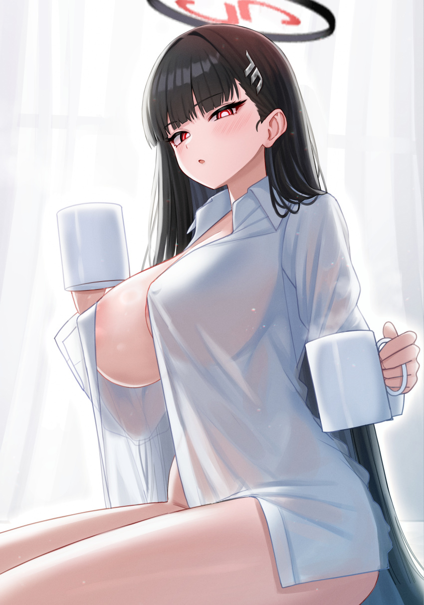 1girl :o absurdres black_hair blue_archive blunt_bangs blush bottomless breasts bright_pupils covered_nipples cup curtains halo highres huge_breasts indoors long_hair looking_at_viewer mijikayo morning mug naked_shirt open_clothes open_shirt red_eyes rio_(blue_archive) see-through see-through_shirt shirt sitting solo steam straight_hair very_long_hair white_pupils white_shirt