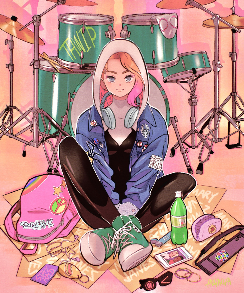 1girl absurdres badge bag black_bodysuit blonde_hair blue_eyes blue_jacket bodysuit bottle buttons cellphone character_badge closed_mouth collared_jacket drum ear_piercing earphones floral_print gradient_hair green_footwear gwen_stacy headphones headphones_around_neck highres hood hooded_bodysuit instrument jacket long_sleeves looking_at_viewer marvel miles_morales multicolored_background multicolored_bodysuit multicolored_clothes multicolored_hair open_clothes open_jacket orange_background pencil_case phone piercing pink_background pink_bag pink_bodysuit pink_hair pocket selfie shadow shoes short_hair sitting smartphone smile sneakers solo spider-gwen spider-man spider-man:_across_the_spider-verse spider-man_(2099) spider-man_(miles_morales) spider-man_(series) spider-verse spider_web_print star_(symbol) sunglasses superhero sushi_pizza_rrr twitter_username unworn_eyewear white_bodysuit