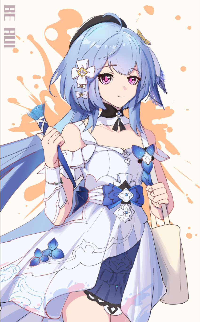 1girl absurdres bag bare_shoulders blue_hair breasts brown_background cleavage closed_mouth commentary_request dress griseo hand_up highres holding holding_paintbrush holding_strap honkai_(series) honkai_impact_3rd looking_at_viewer paintbrush pink_eyes small_breasts smile solo white_dress yitian123