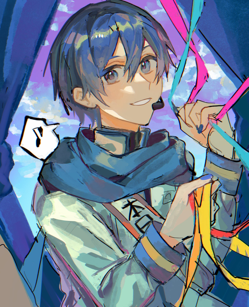 1boy blue_eyes blue_hair blue_nails blue_scarf curtains happy headset highres holding jacket kaito_(vocaloid) long_sleeves looking_at_viewer male_focus musical_note nidu_(2du_du) scarf short_hair smile speech_bubble spoken_musical_note streamers vocaloid