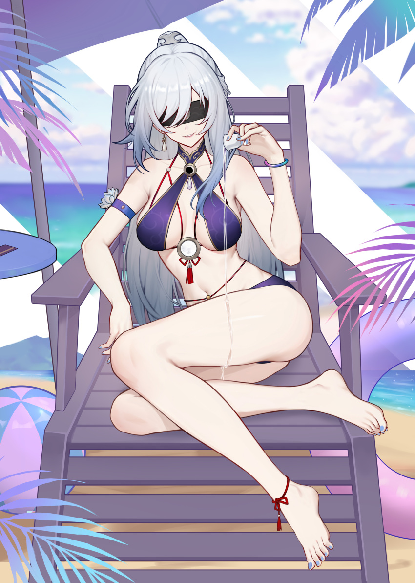 1girl absurdres ball bare_arms bare_legs bare_shoulders barefoot beach_chair beachball black_blindfold blindfold blue_sky breasts cloud commentary_request day feet grey_hair grin highres honkai:_star_rail honkai_(series) jingliu_(honkai:_star_rail) long_hair looking_at_viewer medium_breasts nail_polish navel sitting sky smile solo stomach thighs toenail_polish toenails very_long_hair yunkaiming