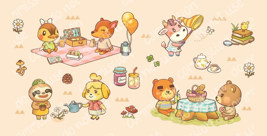 2boys 5girls :3 ^_^ animal_crossing apron baguette balloon baseball_cap basket bear_boy bear_girl bird black_eyes blanket blush blush_stickers book book_stack bookmark bow bread bright_pupils brown_background brown_shirt bug butterfly butterfly_net buttons closed_eyes closed_mouth clover collared_shirt commentary commission cow_girl cup deer_girl dog_girl doughnut dress drink drinking_straw duck_girl english_commentary fauna_(animal_crossing) flower flower_pot fly_agaric food fork four-leaf_clover fruit furry furry_female furry_male grapes grass green_headwear green_shirt hand_net hat highres holding holding_butterfly_net holding_cup holding_flower_pot holding_food holding_watering_can horns isabelle_(animal_crossing) jam jar kerosene_lamp knife kurain_villager leaf_print leif_(animal_crossing) lime_(fruit) lime_slice long_sleeves looking_at_another magnifying_glass maple_(animal_crossing) molly_(animal_crossing) multicolored_clothes multicolored_dress multiple_boys multiple_girls mushroom norma_(animal_crossing) on_grass open_book pastry_box pencil_skirt picnic picnic_basket pinecone plant plate potted_plant print_shirt red_shirt sandwich saucer shirt short_sleeves simple_background sitting skirt sleeveless sleeveless_dress sloth_boy smile standing t-shirt tea teacup teapot teddy_(animal_crossing) thick_eyebrows topknot tree_stump walking watering_can white_bow white_butterfly white_dress white_flower white_pupils white_skirt yellow_apron yellow_horns yellow_shirt