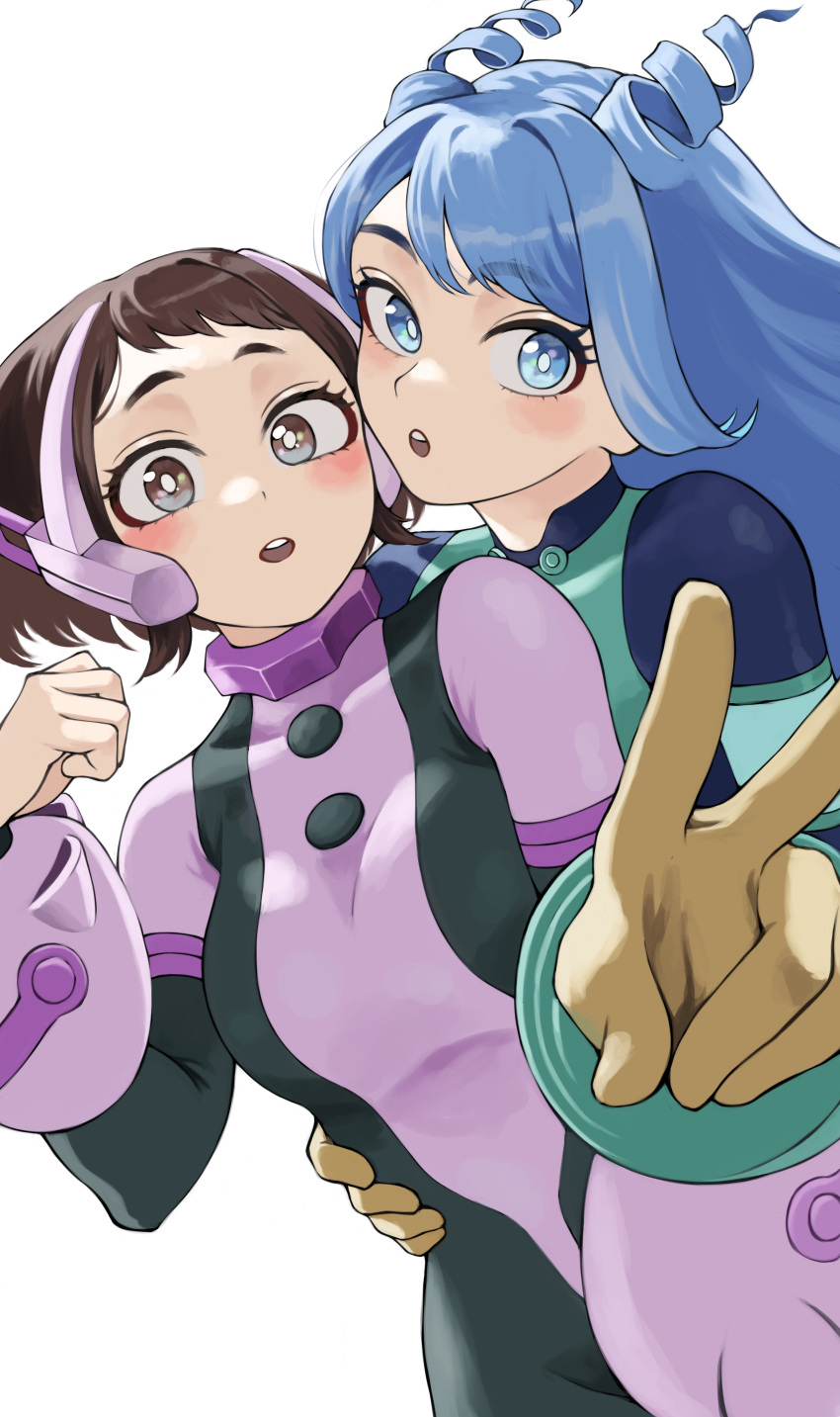 2girls absurdres black_bodysuit blue_bodysuit blue_eyes blue_hair bodysuit boku_no_hero_academia brown_eyes brown_hair drill_hair fengling_(furin-jp) gloves green_bodysuit hadou_nejire highres looking_at_viewer multicolored_bodysuit multicolored_clothes multiple_girls open_mouth pink_bodysuit simple_background superhero twin_drills uraraka_ochako v white_background yellow_gloves