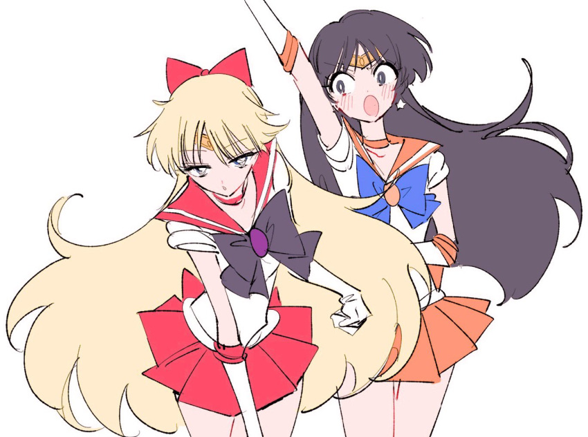 2girls aino_minako arm_up bishoujo_senshi_sailor_moon black_bow black_bowtie black_hair blonde_hair blue_bow blue_bowtie bow bowtie choker circlet cosplay costume_switch earrings elbow_gloves gloves hino_rei jewelry jitome long_hair looking_at_another looking_at_viewer magical_girl multiple_girls open_mouth orange_choker orange_sailor_collar orange_skirt pochi_(askas_is_god) red_choker red_sailor_collar red_skirt sailor_collar sailor_mars sailor_mars_(cosplay) sailor_senshi sailor_senshi_uniform sailor_venus sailor_venus_(cosplay) simple_background skirt standing star_(symbol) star_earrings white_background white_gloves