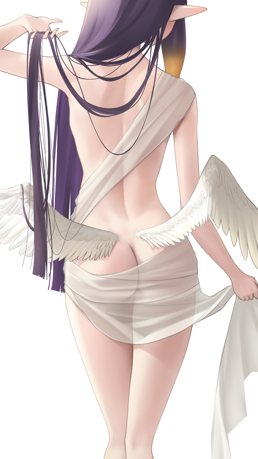 1girl absurdres ass english_commentary from_behind highres holding holding_hair hololive hololive_english long_hair low_wings ninomae_ina'nis nude pointy_ears purple_hair shawl simple_background solo somebody_(leiking00) standing very_long_hair virtual_youtuber white_background wings