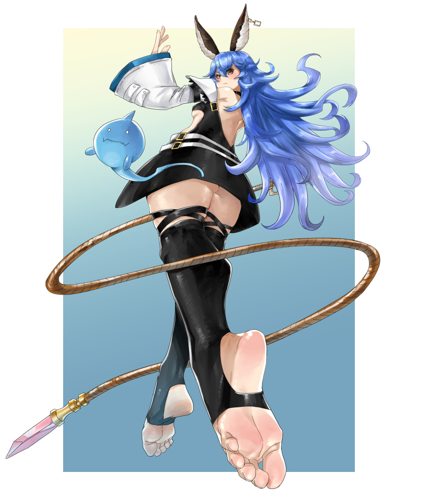 1girl animal_ear_fluff animal_ears ass back backless_outfit belt black_choker black_thighhighs blue_hair blush border breasts center_opening choker dizzy_(guilty_gear) earrings eiji_(eiji) erune feet ferry_(granblue_fantasy) foot_focus foreshortening full_body ghost granblue_fantasy granblue_fantasy_versus granblue_fantasy_versus:_rising guilty_gear guilty_gear_xrd hair_between_eyes highres holding holding_weapon holding_whip jewelry long_hair medium_breasts showgirl_skirt skindentation solo stirrup_legwear thigh_strap thighhighs toeless_legwear underboob upskirt weapon whip white_border wide_sleeves wolf_ears