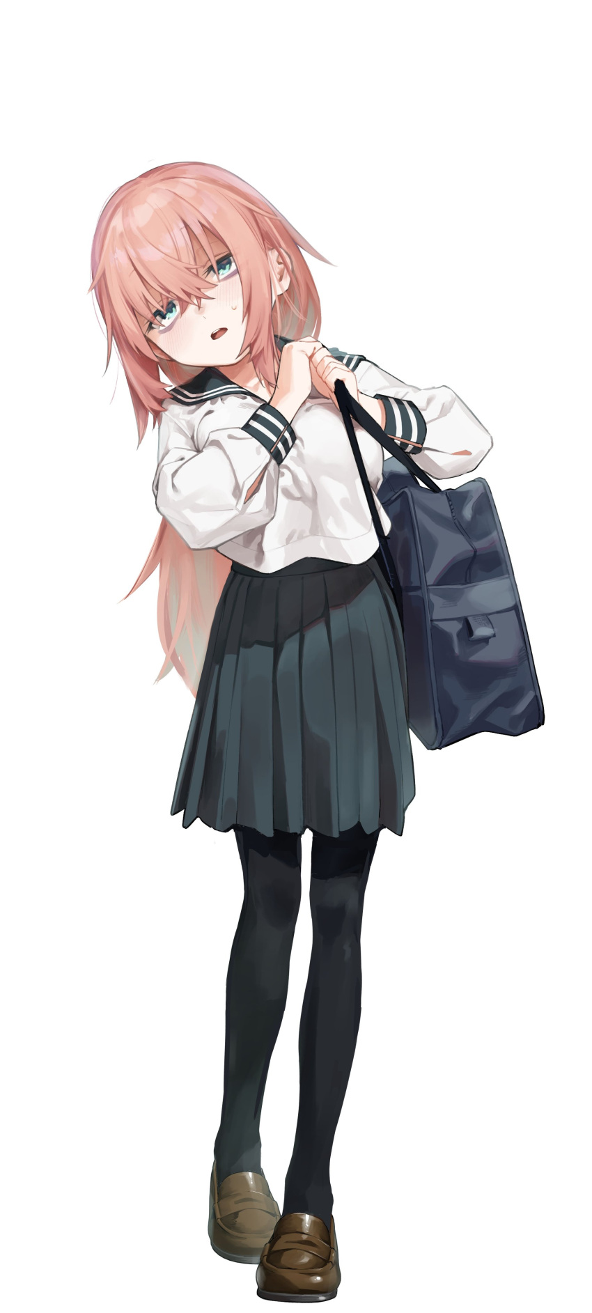 1girl :o absurdres bag black_pantyhose black_skirt full_body green_eyes highres komaro-chan loafers long_hair long_sleeves looking_at_viewer muchi_maro muchimaro-chan official_art open_mouth pantyhose pink_hair sailor_collar school_uniform second-party_source seitokai_nimo_anawa_aru! shirt shoes shoulder_bag simple_background skirt solo white_background white_shirt