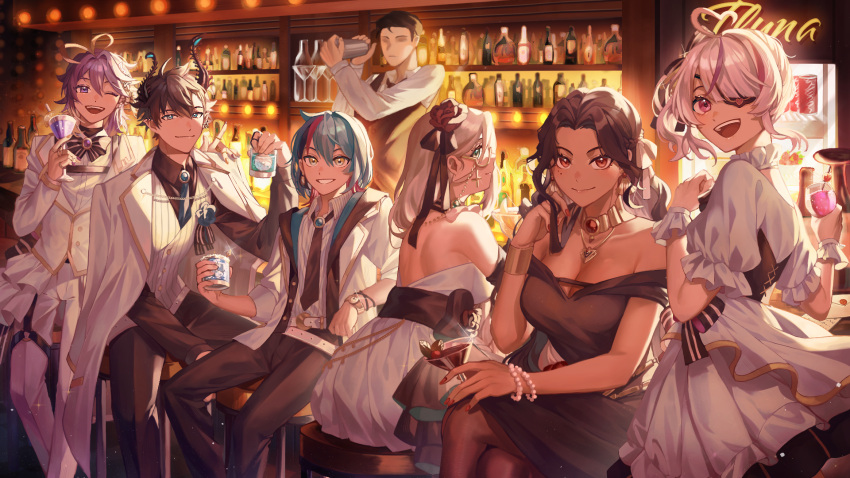 3girls 4boys ahoge aia_amare aster_arcadia bar_stool bare_shoulders bartender belt black_bow black_bowtie black_dress black_hair black_necktie black_pants black_ribbon black_skirt blue_eyes blue_flower blue_hair blue_necktie blue_rose bottle bow bowtie bracelet breasts brown_eyes brown_hair brown_rose chest_strap cleavage closed_mouth coat cocktail_glass cocktail_shaker crossed_legs cup dark-skinned_female dark_skin dress dress_shirt drinking_glass earrings flower gem glasses gold_choker gold_earrings gold_necklace hair_between_eyes hair_flower hair_ornament hair_ribbon heart heart_ahoge highres holding holding_cup iluna_(nijisanji) jacket jewelry kyo_kaneko maria_marionette multicolored_hair multiple_boys multiple_girls multiple_rings necklace necktie nijisanji nijisanji_en one_eye_closed open_mouth pants papercider pearl_bracelet pink_hair purple_brooch purple_eyes purple_hair purple_nails red_gemstone red_nails ren_zotto ribbon ring rose scarle_yonaguni second-party_source shirt short_hair sitting skirt smile stool strapless strapless_dress streaked_hair teeth two-tone_bow upper_teeth_only virtual_youtuber waistcoat watch white_belt white_bow white_coat white_dress white_jacket white_pants white_shirt wristwatch yellow_eyes