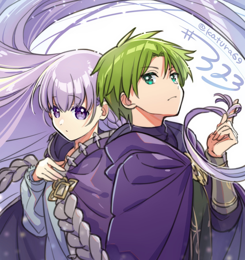 1boy 1girl absurdres blue_eyes cape closed_mouth fire_emblem fire_emblem:_the_binding_blade green_hair highres holding_another's_hair juria0801 long_hair long_sleeves looking_at_viewer purple_cape purple_eyes purple_hair raigh_(fire_emblem) short_hair sophia_(fire_emblem) twitter_username upper_body very_long_hair white_background