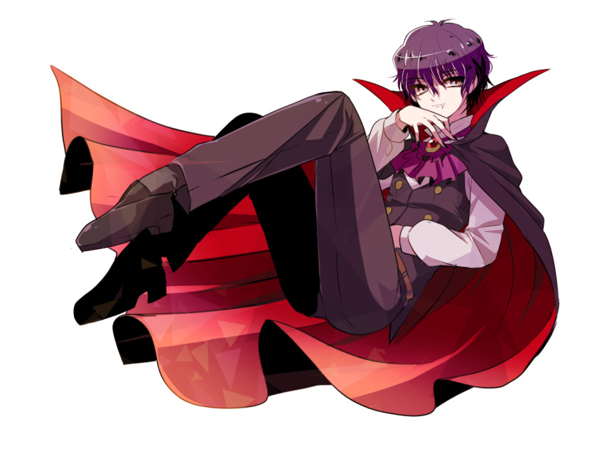 1boy ascot cloak dress_shirt fang floating hand_on_own_face hand_on_own_stomach high_collar legs_up looking_at_viewer male_focus memoko1217 mizuki_hajime purple_hair shirt short_hair smile smirk solo suit tennis_no_ouji-sama vampire_costume vest wavy_hair white_background