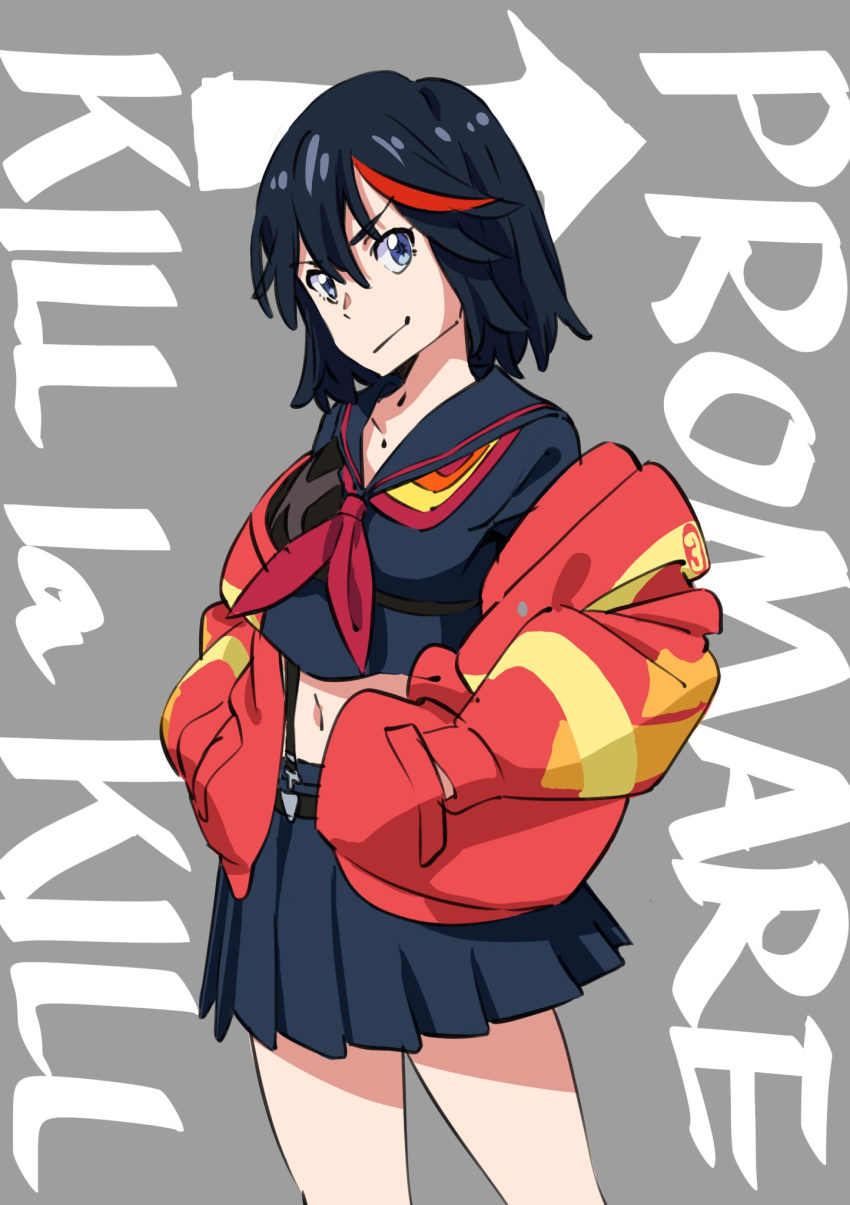 1girl black_hair black_sailor_collar black_serafuku black_shirt black_skirt blue_eyes hair_between_eyes hands_in_pockets highres jacket kengo kill_la_kill looking_at_viewer matoi_ryuuko midriff miniskirt multicolored_hair navel pleated_skirt red_neckwear sailor_collar school_uniform senketsu serafuku shiny shiny_hair shirt short_hair skirt solo streaked_hair suspender_skirt suspenders