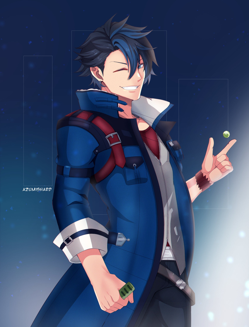 1boy absurdres artist_name azumishard belt black_pants blue_background blue_coat blue_eyes blue_hair coat collarbone earrings eiyuu_densetsu english_commentary gradient_background highres jewelry kuro_no_kiseki male_focus marble_(toy) multicolored_hair one_eye_closed pants short_hair smile solo streaked_hair teeth tossing twitter_username van_arkride