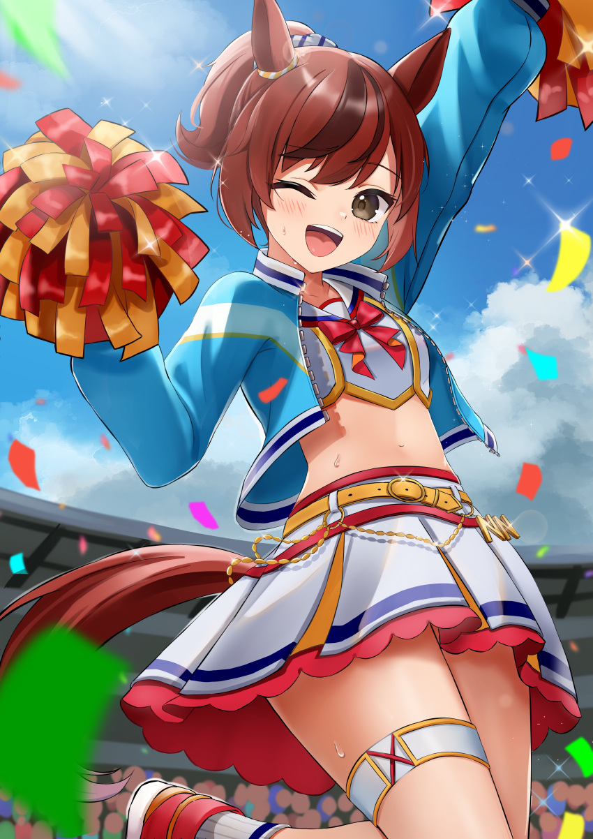 1girl absurdres animal_ears arm_up armpits belt blue_jacket blue_sky blush bow brown_eyes cheerleader cloud cloudy_sky commentary cowboy_shot cropped_jacket ear_ornament highres holding holding_pom_poms horse_ears horse_girl jacket leo_(f_mmmnkm_paint) looking_at_viewer midriff multicolored_hair navel nice_nature_(run&amp;win)_(umamusume) nice_nature_(umamusume) official_alternate_costume official_alternate_hairstyle one_eye_closed open_clothes open_jacket open_mouth outdoors pom_pom_(cheerleading) ponytail red_bow red_hair shirt skirt sky sleeveless sleeveless_shirt smile solo streaked_hair teeth thigh_strap umamusume upper_teeth_only white_shirt white_skirt yellow_belt