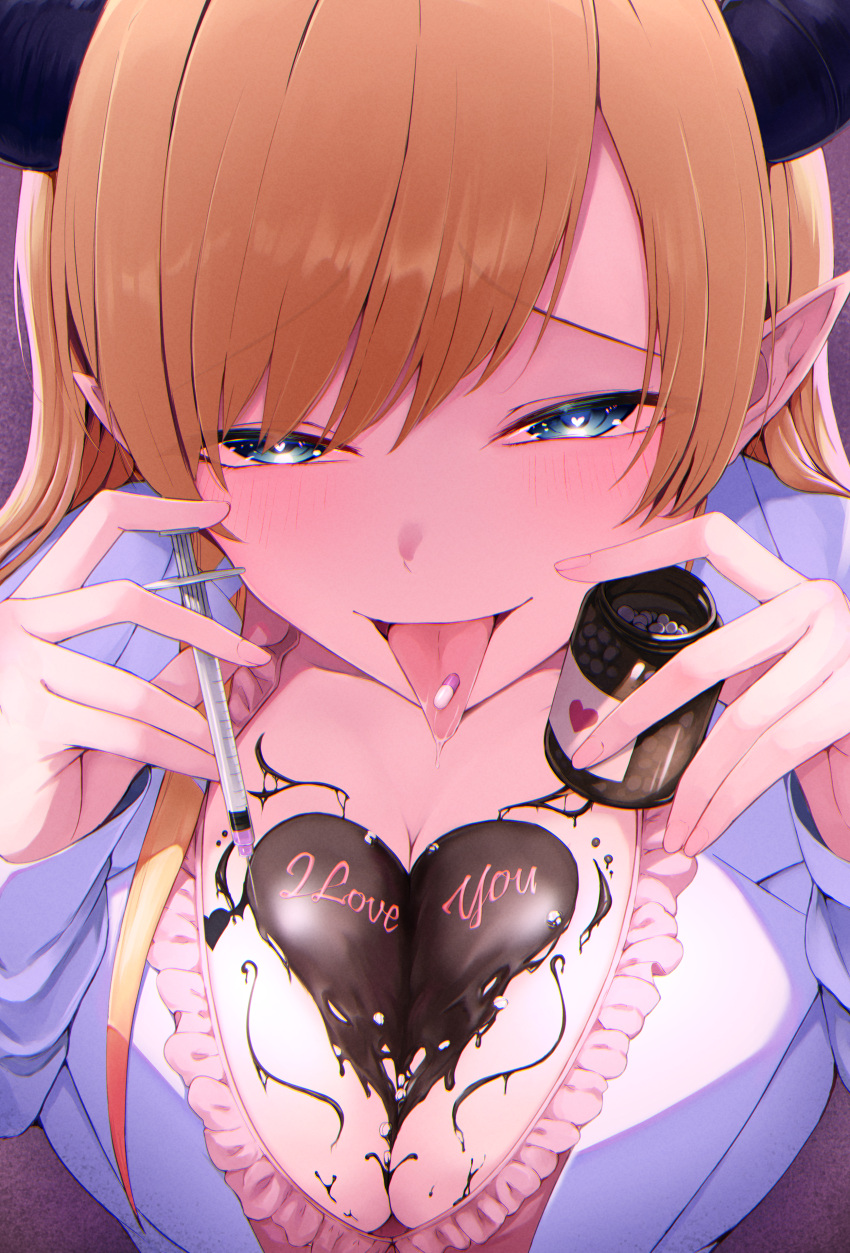 1girl absurdres blonde_hair blue_eyes blush breasts chocolate chocolate_on_body chocolate_on_breasts cleavage coat demon_girl demon_horns food_on_body heart heart-shaped_pupils highres holding holding_syringe hololive horns izu_(tea_value_lord) lab_coat large_breasts long_hair looking_at_viewer pill_on_tongue pink_shirt pointy_ears shirt solo symbol-shaped_pupils syringe tongue tongue_out virtual_youtuber white_coat yuzuki_choco yuzuki_choco_(1st_costume)