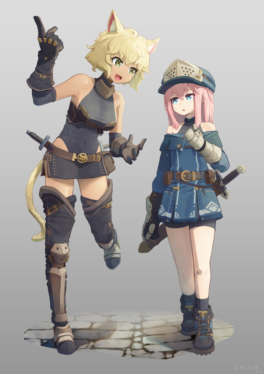 2girls :3 animal_ears armored_boots armored_leotard artist_name bare_shoulders belt belt_pouch black_leotard black_socks blonde_hair blue_coat blue_headwear blush boots breasts cat_ears cat_girl cat_tail coat cobblestone covered_navel dagger dated fang full_body gauntlets gloves gorget green_eyes grey_background hair_between_eyes hand_up highres index_finger_raised j.h_j.h knife leather leather_gloves leg_up leotard looking_at_another medium_hair multiple_girls off-shoulder_coat off_shoulder open_mouth original pink_hair pouch sheath sheathed short_hair skin_fang socks sweatdrop sword tail thigh_boots walking weapon