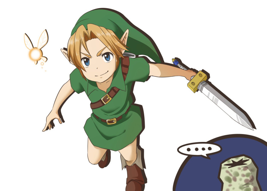 ... 1boy 1girl 1other blonde_hair blue_eyes boots brown_footwear green_skirt green_tunic ikonaska leather leather_belt leather_boots like_like link pointy_ears skirt speech_bubble tatl the_legend_of_zelda the_legend_of_zelda:_majora's_mask young_link