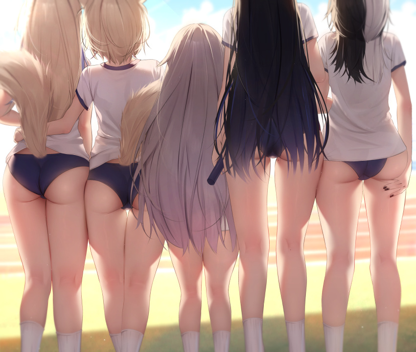 5girls absurdres alternate_costume arm_around_waist ass black_hair blonde_hair blue_buruma blue_hair buruma commentary day dog_girl dog_tail english_commentary facing_away feet_out_of_frame fingernails from_behind fuwawa_abyssgard grey_hair gym_shirt gym_uniform head_out_of_frame height_difference highres holding holoadvent hololive hololive_english kneepits koseki_bijou long_hair mococo_abyssgard mole mole_on_thigh multicolored_hair multiple_girls nail_polish nerissa_ravencroft outdoors prab relay_baton running_track shiori_novella shirt short_hair short_sleeves siblings side-by-side sisters socks split-color_hair standing tail tail_raised twins two-tone_hair very_long_hair virtual_youtuber white_shirt white_socks