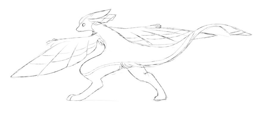 3_toes 4_fingers aishasoup ambiguous_gender anthro avali chest_tuft feet fingers monochrome paws pose sketch solo toes tuft winged_arms wings