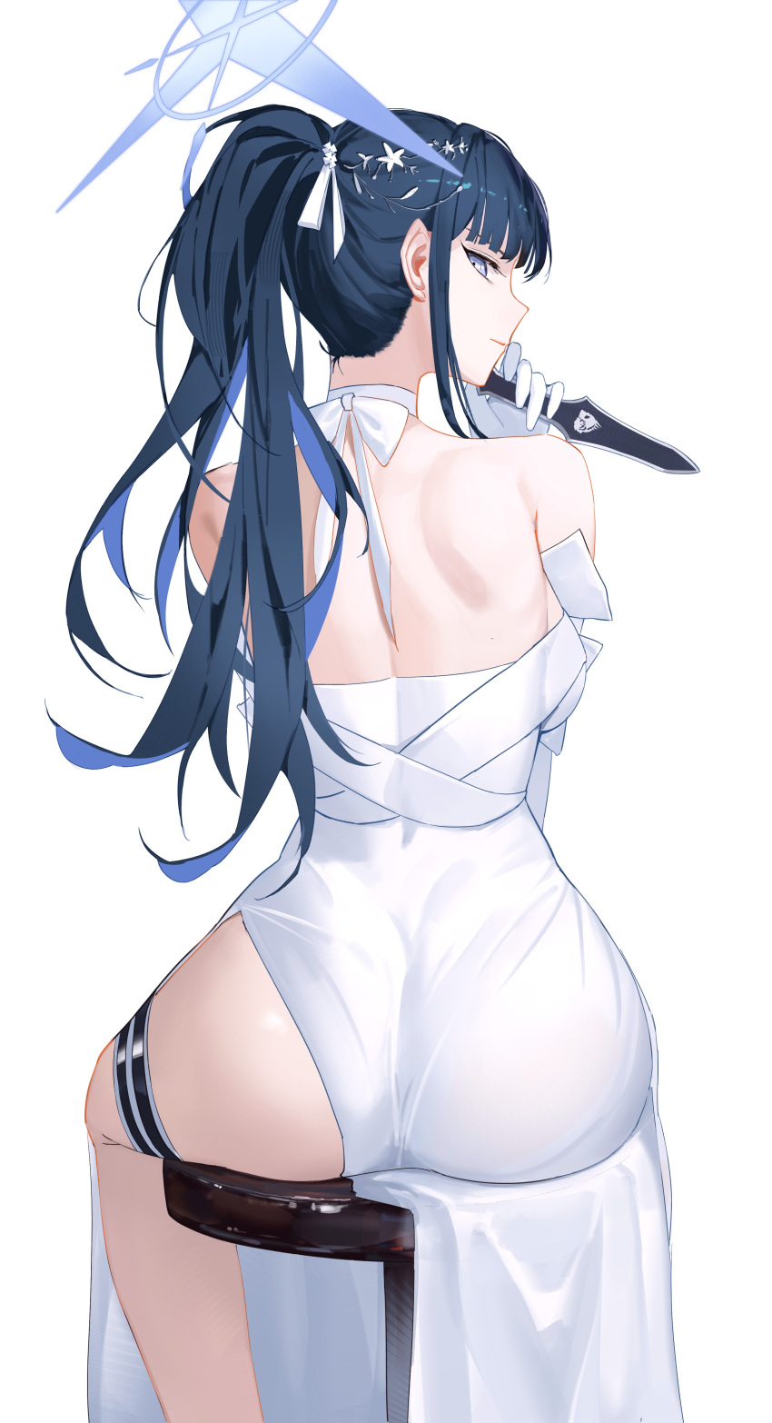 1girl absurdres ass black_hair blue_archive blue_eyes blue_halo chair closed_mouth dress elbow_gloves feet_out_of_frame gloves halo highres holding holding_weapon long_hair looking_at_viewer looking_back saori_(blue_archive) saori_(dress)_(blue_archive) serelith simple_background sitting solo tagme weapon white_background white_dress white_gloves