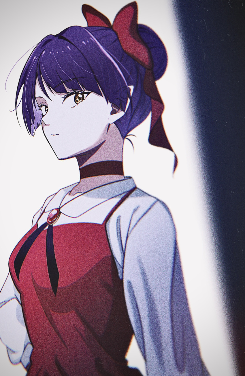 1girl absurdres bow choker dress gegege_no_kitarou hair_bow hand_on_own_hip highres long_sleeves looking_at_viewer nato_ri2 nekomusume nekomusume_(gegege_no_kitarou_6) parted_lips pinafore_dress pointy_ears purple_hair red_bow red_choker red_dress shirt short_hair sleeveless sleeveless_dress solo upper_body white_shirt yellow_eyes