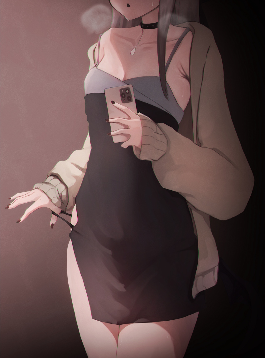 1girl black_dress black_hair black_nails black_panties blue_archive cellphone dress fingernails grey_hair grey_jacket head_out_of_frame highres holding holding_phone jacket kayoko_(blue_archive) kayoko_(dress)_(blue_archive) long_fingernails long_hair neroshi open_mouth panties panty_pull phone skindentation sleeveless sleeveless_dress sleeves_past_wrists smartphone solo sweat underwear