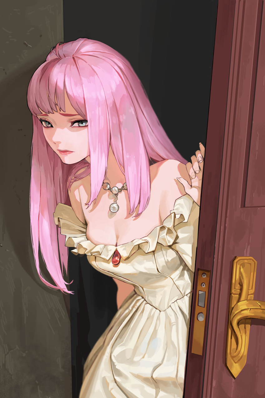1girl absurdres bare_shoulders blue_eyes breasts brooch cleavage commentary door dress english_commentary highres jewelry long_hair looking_at_viewer necklace off-shoulder_dress off_shoulder ori_dal original pink_hair pink_lips solo upper_body very_long_hair white_dress