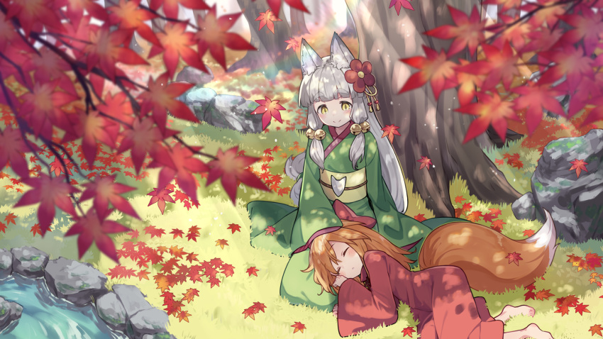 2girls animal_ear_fluff animal_ears autumn_leaves barefoot bell blurry blurry_foreground brown_hair closed_mouth commission day depth_of_field flower fox_ears fox_tail green_kimono grey_hair hair_bell hair_flower hair_ornament japanese_clothes jingle_bell kazana_(sakuto) kimono lap_pillow leaf long_hair long_sleeves lying maple_leaf multiple_girls obi on_grass on_side original outdoors red_flower red_kimono sash seiza sitting skeb_commission sleeves_past_fingers sleeves_past_wrists smile tail thick_eyebrows tree very_long_hair wide_sleeves yellow_eyes