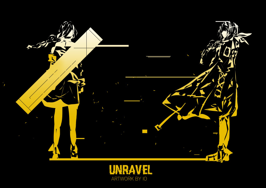 1girl absurdres armband artist_name black_background braid english_commentary english_text faceless from_behind from_side full_body girls'_frontline highres io_troublemaker limited_palette long_hair m16a1_(girls'_frontline) multiple_views orange_armband particle_cannon_case ponytail simple_background standing
