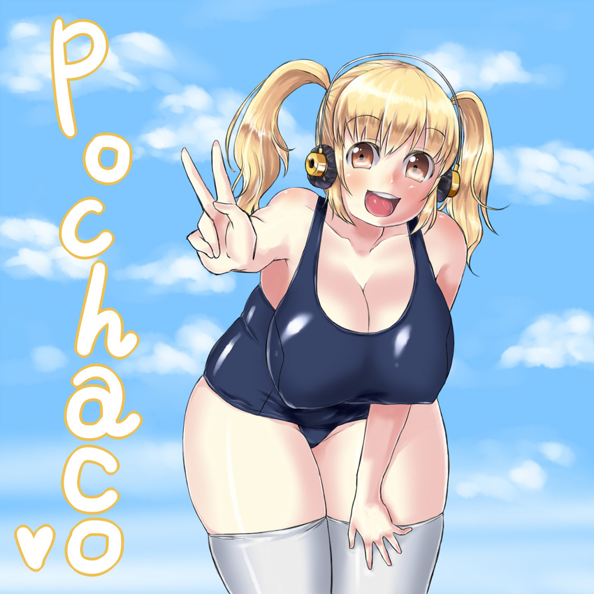 \n/ blonde_hair blush breasts character_name collarbone hanging_breasts headphones highres huge_breasts juki. nitroplus one-piece_swimsuit open_mouth orange_eyes plump revision school_swimsuit short_hair skindentation smile solo super_pochaco swimsuit thighhighs twintails white_legwear