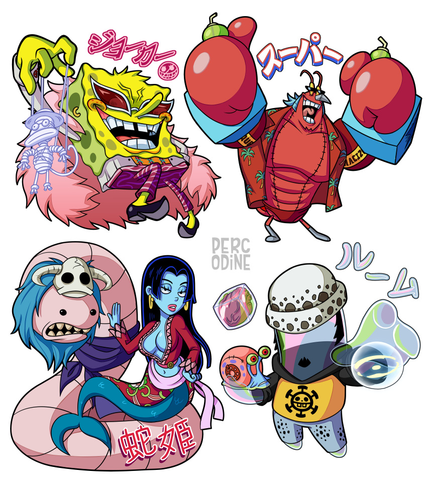 4_fingers absurd_res anthro biped blue_body blue_skin boa_hancock breasts bubble_buddy cc-by-nc-nd clothed clothing cosplay creative_commons crossover crossover_cosplay donquixote_doflamingo ear_piercing ear_ring eyewear female feral fin fingers footwear franky_(one_piece) gary_the_snail gastropod hair hi_res humanoid larry_the_lobster legless male marine merfolk mollusk nickelodeon one_piece open_mouth open_smile percodine piercing red_body ring_piercing sea_sponge shell shoes smile snail split_form spongebob_squarepants spongebob_squarepants_(character) sunglasses tail tail_fin teeth trafalgar_law yellow_body