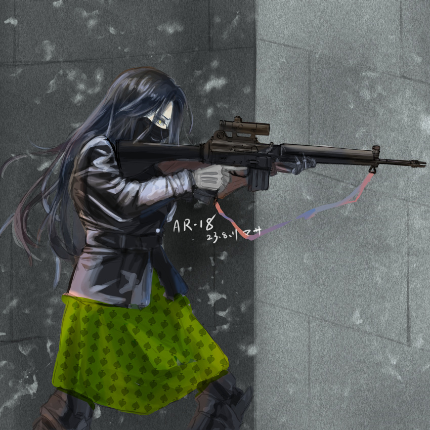 1girl absurdres ar-18 ar-18_(girls'_frontline) black_hair black_jacket dress girls'_frontline gloves green_dress highres jacket long_hair masako_(user_thnr3538) mask mechanical_legs mouth_mask white_gloves yellow_eyes