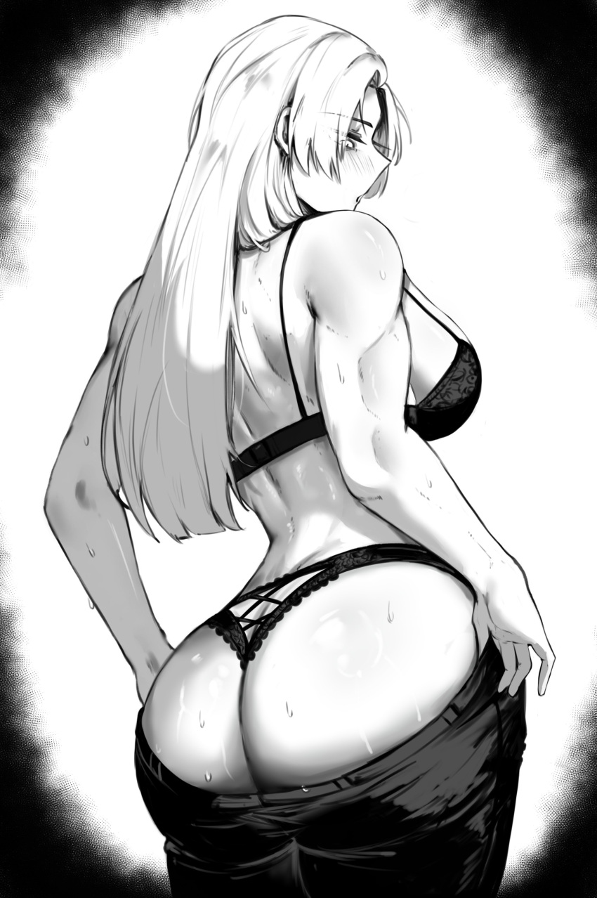 1girl absurdres ass black_pants clothes_pull denim dressing greyscale highres jeans jujutsu_kaisen lingerie long_hair monochrome muscular muscular_female pants pants_pull simple_background solo sweat tsukumo_yuki_(jujutsu_kaisen) underwear zovokia