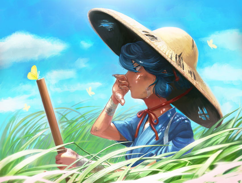 bad_id bad_pixiv_id bayashiko blue_hair bug butterfly cloud day dirty grass hat insect japanese_clothes male_focus outdoors profile sayo_samonji sky solo straw_hat touken_ranbu upper_body