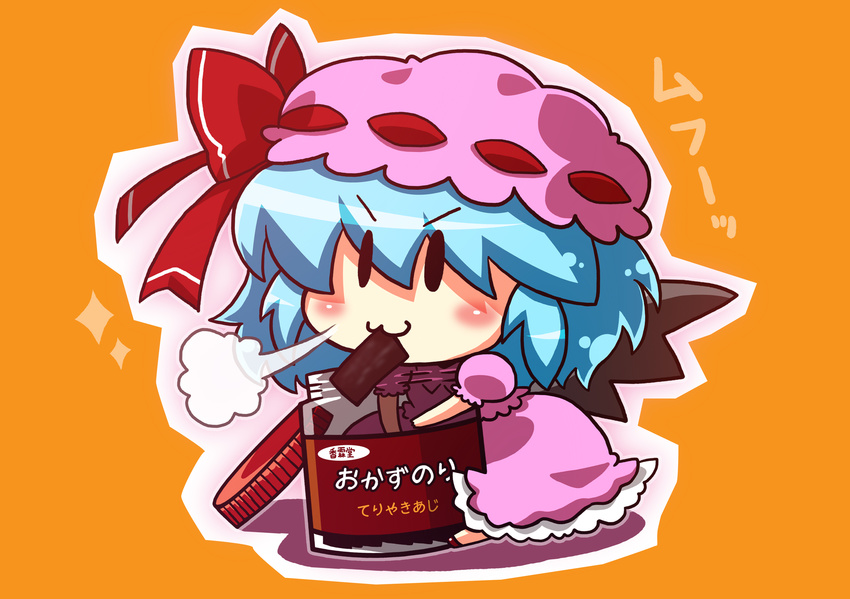 1girl :3 bat_wings blue_hair blush bow chibi commentary dress eating frilled_dress frills hat hat_bow highres jar mob_cap noai_nioshi nori_(seaweed) orange_background pink_dress remilia_scarlet simple_background sitting snort solid_oval_eyes solo sparkle touhou translated v-shaped_eyebrows visible_air wings