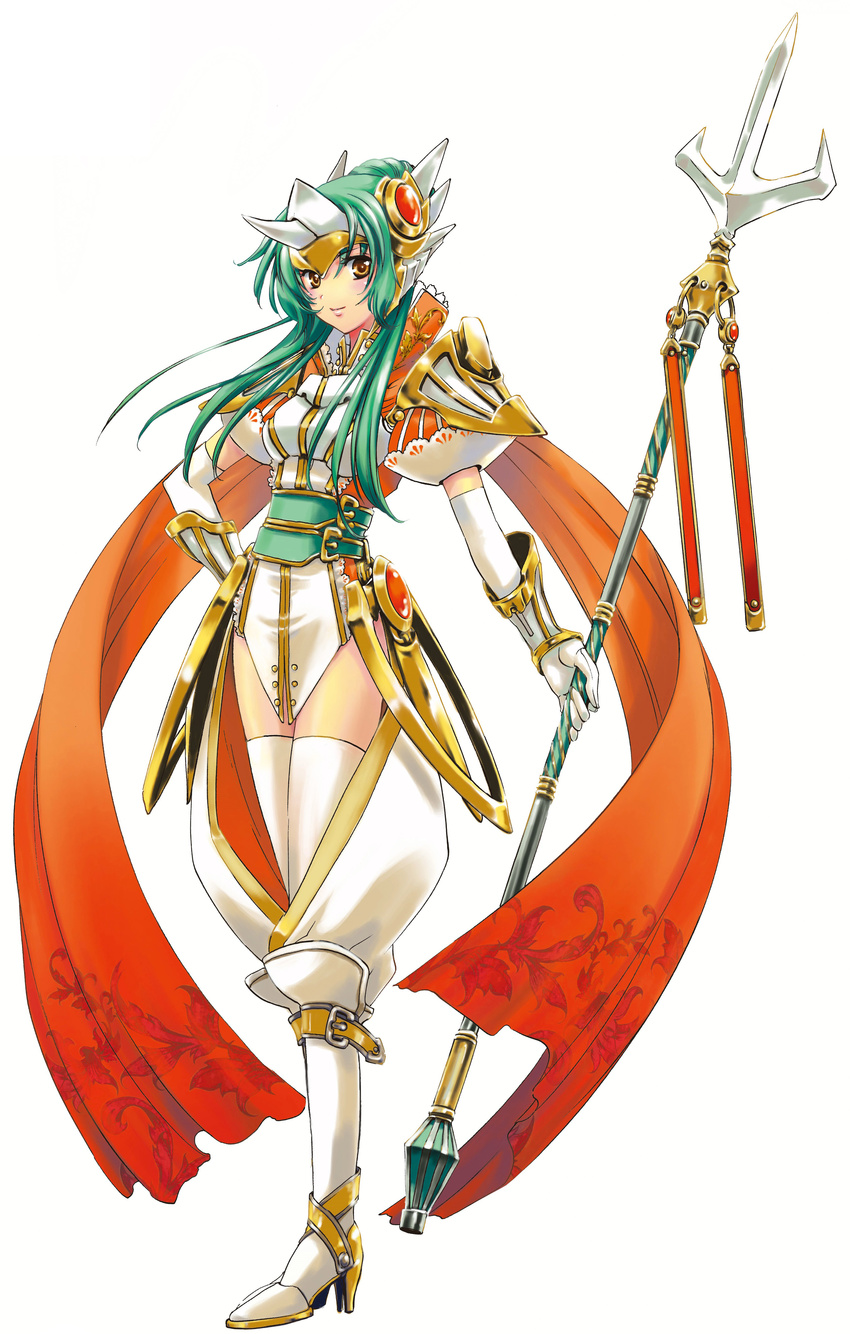 absurdres armor blush boots buckle cape chaps dress ear_protection elbow_gloves elincia_ridell_crimea fantasy faulds fire_emblem fire_emblem:_akatsuki_no_megami fire_emblem:_kakusei forehead_protector full_body gem gloves green_hair hand_on_hip high_collar high_heel_boots high_heels highres horned_headwear knee_boots light_smile long_hair looking_at_viewer obi official_art orange_eyes pauldrons polearm puffy_short_sleeves puffy_sleeves sash shikidouji short_dress short_sleeves sidelocks simple_background smile solo thighhighs trident vambraces weapon white_background white_footwear white_gloves white_legwear zettai_ryouiki