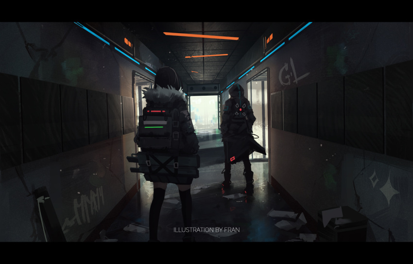 1girl 1other artist_name backpack bag black_coat black_jacket black_thighhighs boots coat commentary day english_commentary english_text franlol from_behind fur-trimmed_jacket fur_trim graffiti hallway highres hood hood_up indoors jacket letterboxed original standing thighhighs
