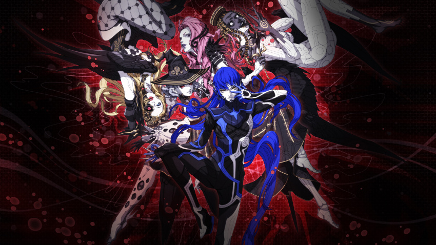 1boy 4girls androgynous black_nails black_wings blonde_hair blue_eyes blue_hair bodysuit braid breasts bright_pupils character_request dark_background demon_girl doi_masayuki hat highres leg_up lilith_(megami_tensei) long_hair looking_at_viewer mask medium_breasts multiple_girls official_art pale_skin parted_lips pink_hair protagonist_(smtv) red_eyes shin_megami_tensei shin_megami_tensei_v shin_megami_tensei_v:vengeance tongue tongue_out very_long_hair white_pupils wings witch_hat yellow_eyes