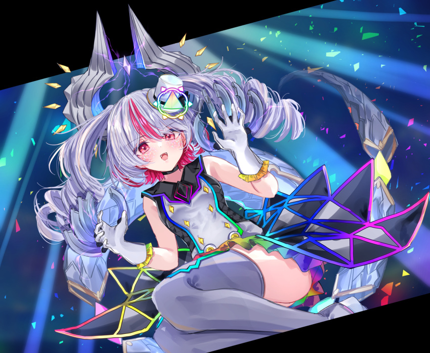 1girl :d black_border black_choker blue_background blush border breasts choker commentary_request confetti crystal dragon_horns dragon_tail dress drill_hair duel_masters dutch_angle electricity frilled_gloves frills glitter glitter_makeup gloves highres horns looking_at_viewer medium_hair multicolored_hair pleated_skirt rainbow_skirt red_eyes red_hair sarasadou_dan skirt sleeveless sleeveless_dress small_breasts smile solo streaked_hair tail teeth thighhighs thighs twin_drills upper_teeth_only w_arms waist_cape white_gloves white_hair white_thighhighs