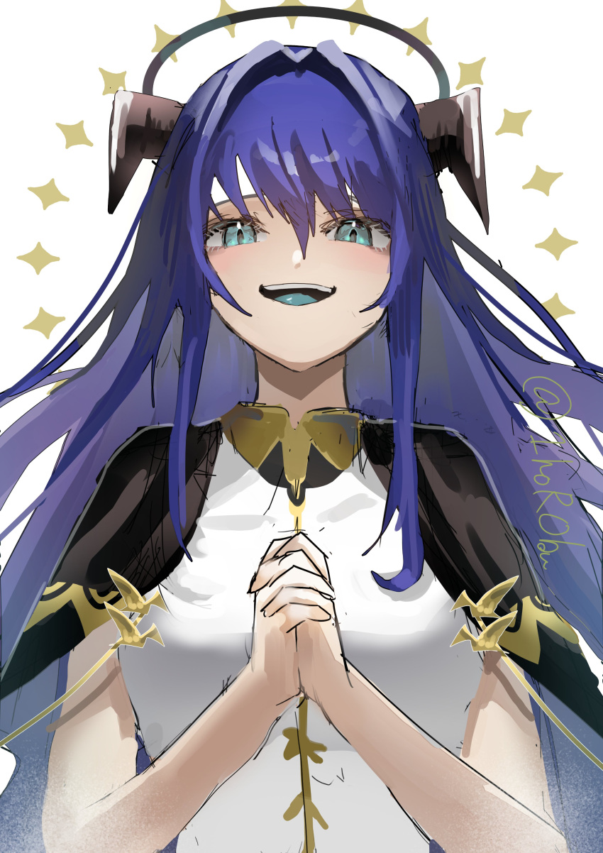 1girl :d absurdres arknights black_halo blue_eyes blue_hair blue_tongue breasts colored_tongue commentary_request demon_horns eyebrows_hidden_by_hair hair_intakes halo highres horns horobu interlocked_fingers long_hair looking_at_viewer medium_breasts mostima_(arknights) mostima_(spellbreaker)_(arknights) official_alternate_costume open_mouth own_hands_clasped own_hands_together praying shirt simple_background smile solo teeth twitter_username upper_body upper_teeth_only white_background white_shirt