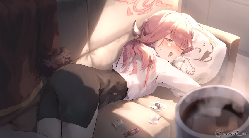 1girl aru_(blue_archive) black_skirt blue_archive blurry blurry_foreground blush candy_wrapper coat coffee_mug couch cup demon_horns doodle_sensei_(blue_archive) drooling fur-trimmed_coat fur_trim halo high-waist_skirt highres horns hugging_object long_hair lying mug on_couch on_side one_eye_closed open_mouth pantyhose pencil_skirt pillow pillow_hug pov red_eyes red_hair red_halo sensei_(blue_archive) shadow shirt shirt_tucked_in skirt steam sunlight sweatdrop twitter_username unreal_es unworn_coat white_shirt