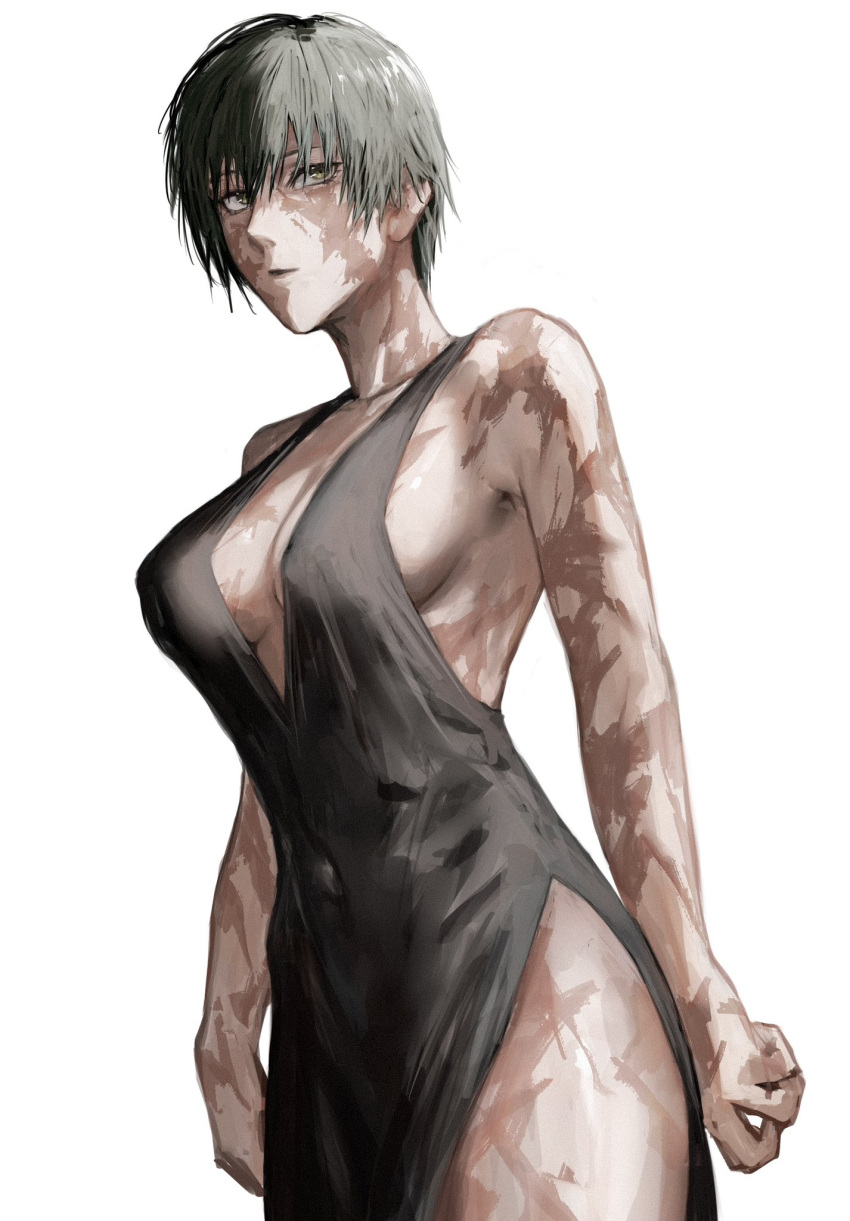 1girl black_dress breasts burn_scar cleavage dress highres jujutsu_kaisen raberu_ruru scar scar_on_arm scar_on_face scar_on_leg short_hair simple_background solo zen'in_maki