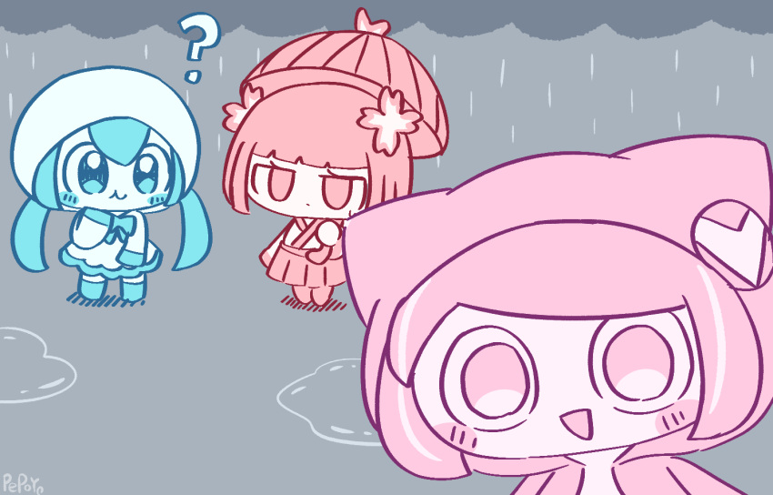 3girls ? amedama_(vocaloid) animal_hood aqua_eyes aqua_hair aqua_ribbon aqua_socks aqua_trim artist_name blunt_bangs blunt_ends chibi chibi_only closed_mouth colored_skin dress expressionless hair_between_eyes hair_ornament hairpods hatsune_miku holding holding_umbrella hood hooded_dress hooded_jacket jacket japanese_clothes kimono leggings long_hair long_sleeves looking_at_viewer multiple_girls neck_ribbon no_eyebrows no_pupils no_shoes open_clothes open_jacket open_mouth pepoyo pink_eyes pink_hair pink_jacket poyoroid puddle rain red_eyes red_hair red_leggings red_skirt red_umbrella ribbon short_hair skirt smile socks swept_bangs twintails umbrella utau vocaloid vy1 white_dress white_skin