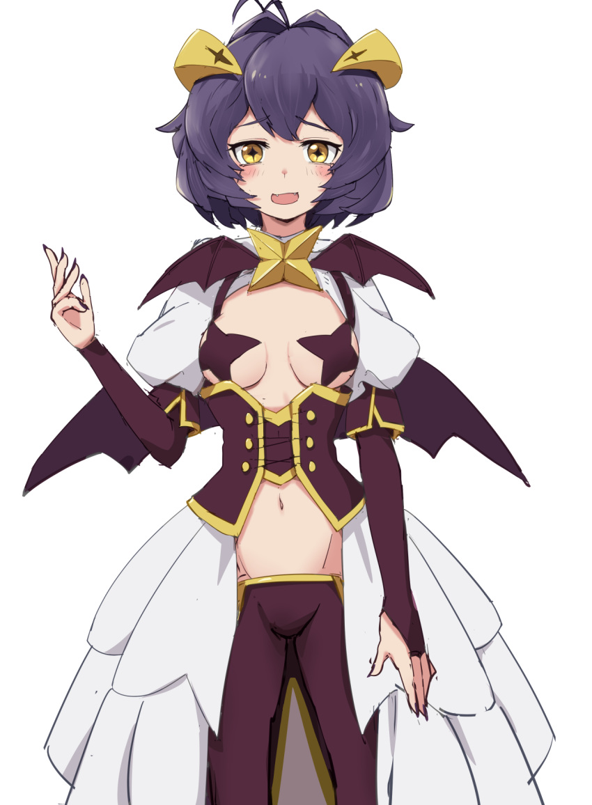 1girl ahoge breastless_clothes breasts corset cross cross-shaped_pupils cross_facial_mark cross_pasties facial_mark forward_facing_horns highres hiiragi_utena horns lowleg lowleg_pants magia_baiser mahou_shoujo_ni_akogarete navel pants pasties purple_corset purple_hair purple_pants purple_pasties short_hair showgirl_skirt shrug_(clothing) simple_background small_breasts solo suzunari-sakuya symbol-shaped_pupils white_background white_shrug yellow_eyes yellow_horns